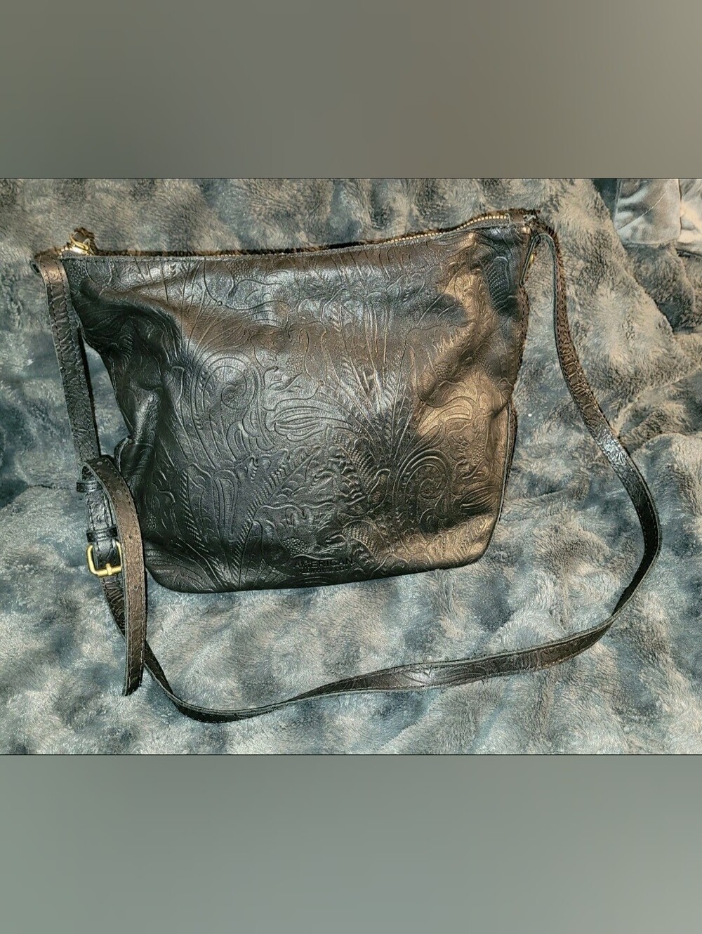 American Leather Co Classic Dark Brown Tooled Hobo Bag Crossbody Strap